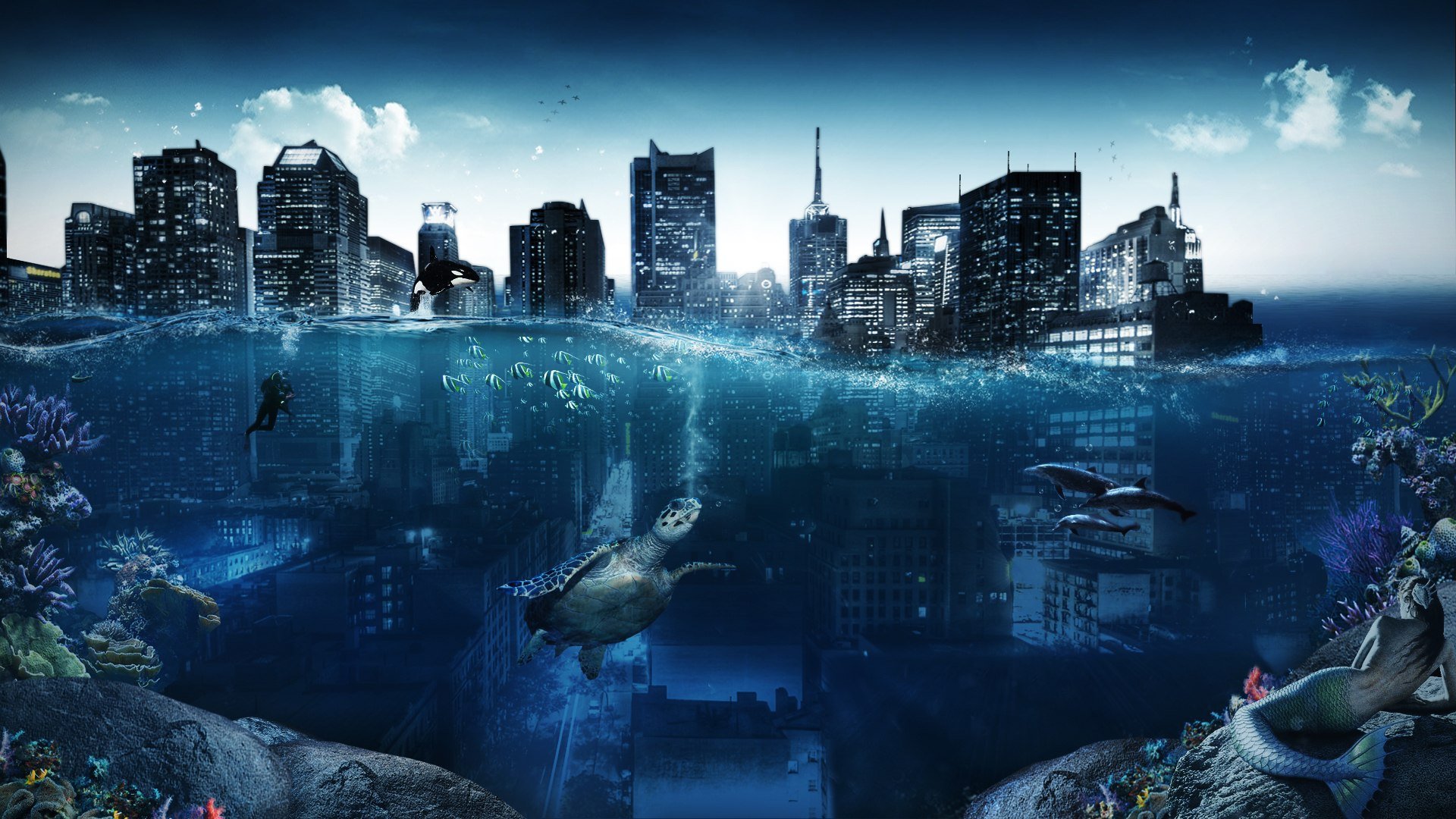Европа под водой. Город под водой. Затопленный город арт. Подводной пейзаж. Подводный пейзаж.