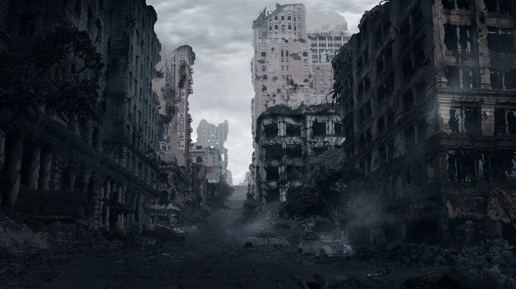 Улица разрушенного города. Руины Токио. Развалины города.