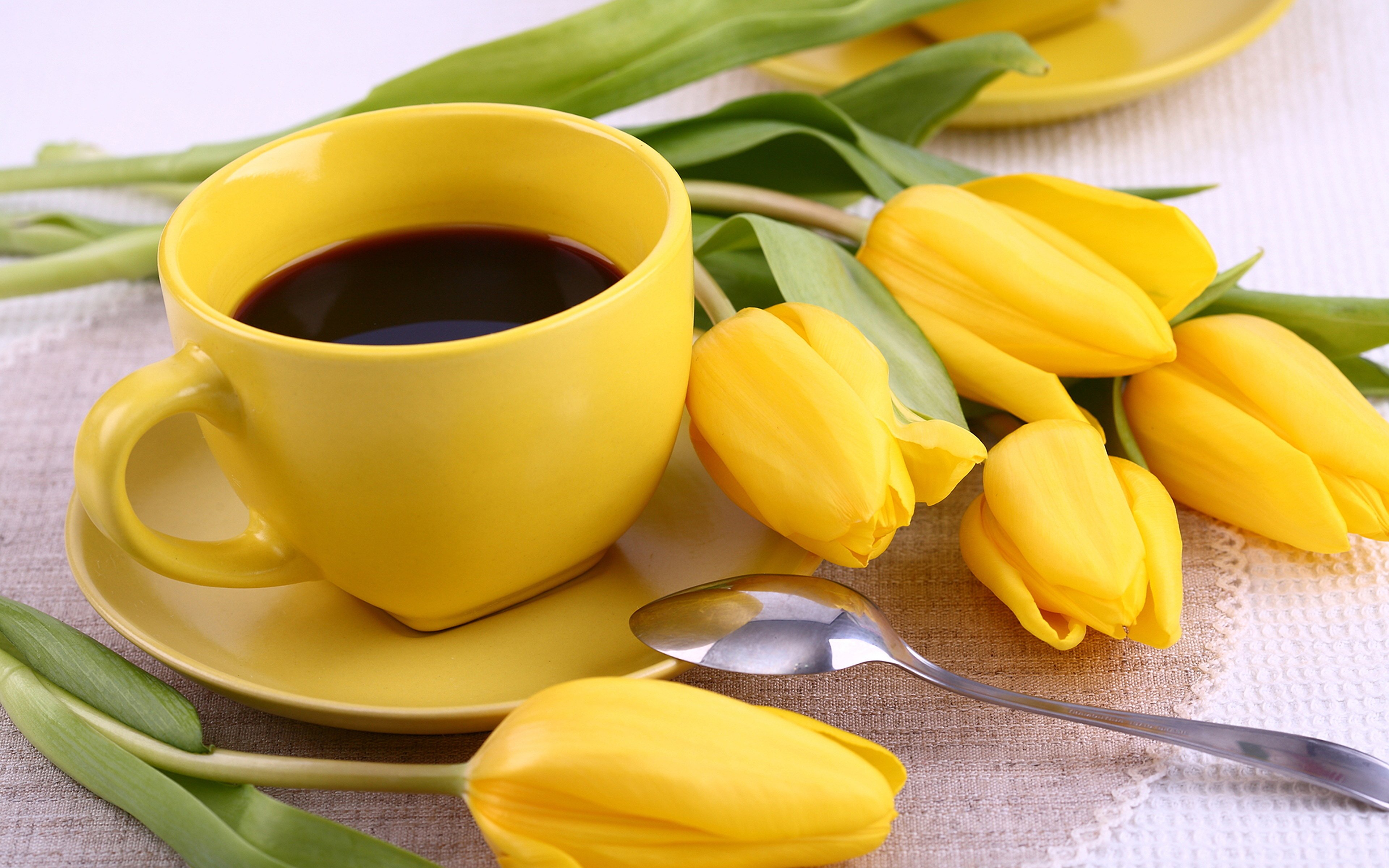 Доброе весеннее утро с тюльпанами. Доброе утро тюльпаны и кофе. Желтые тюльпаны и кофе. Желтые тюльпаны. Доброго весеннего утра и хорошего настроения.