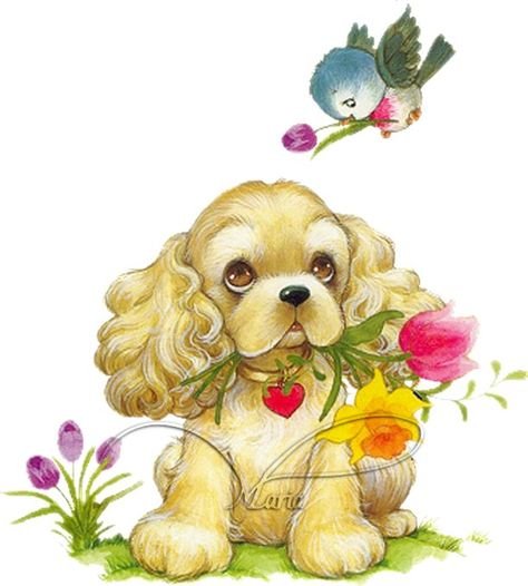 Собачки с цветами на прозрачном фоне