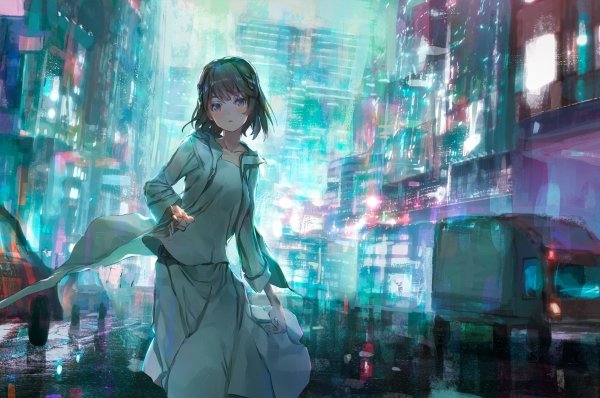 Аниме девушка на фоне города