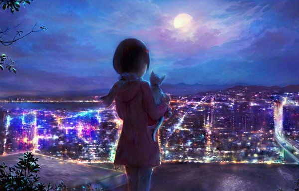 Девушка в ночном городе арт