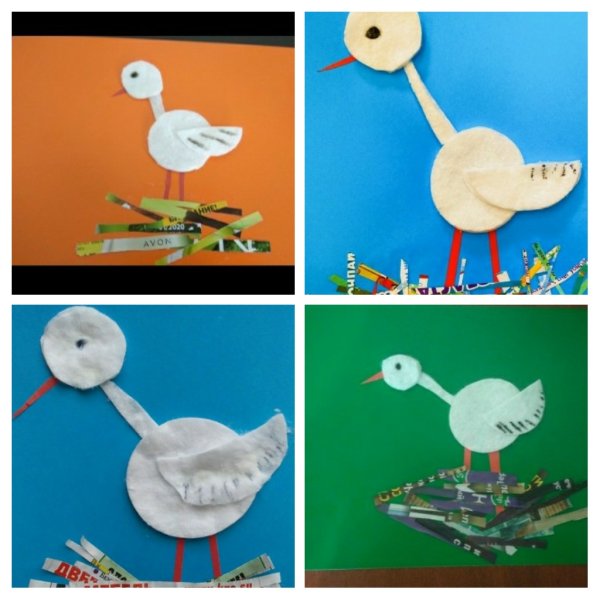 Аппликация Аист из ватных дисков