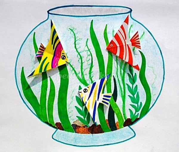 Аппликация из бумаги рыбки в аквариуме