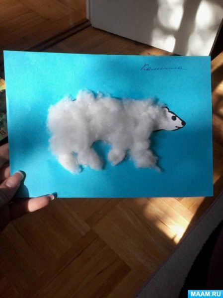 Аппликация ватой белый мишка