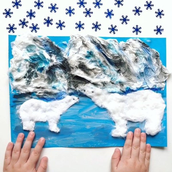 Аппликация белый медведь из ваты