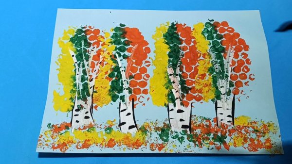 Как нарисовать березовую рощу красками с помощью пальцами для школы
