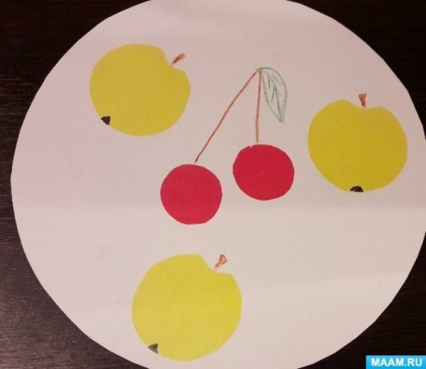 Ягоды и яблоки на блюдечке аппликация во второй младшей группе