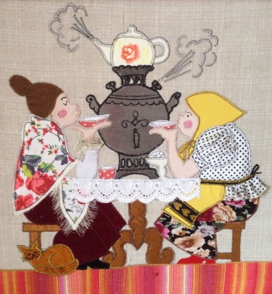 Лоскутное панно чаепитие у самовара