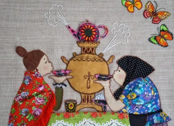 Лоскутное панно чаепитие у самовара