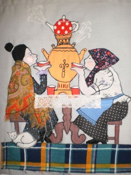 Лоскутное панно чаепитие у самовара