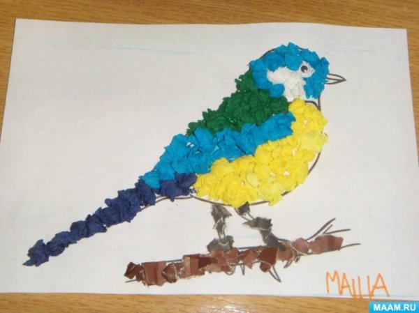 Обрывная аппликация синица