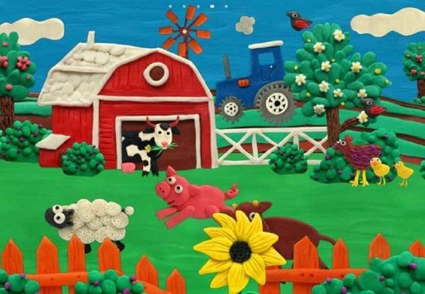 Пейзаж деревня из пластилина