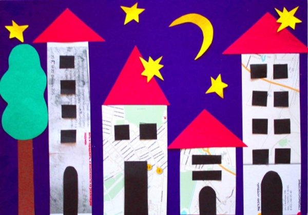 Аппликация город из цветной бумаги