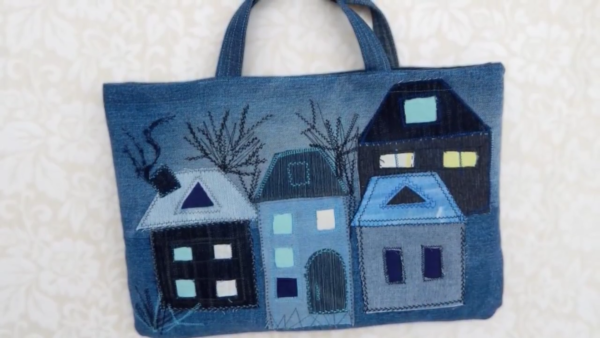 Аппликация домики из джинсовой ткани