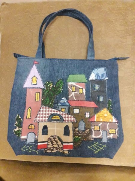 Панно с домиками из джинсы