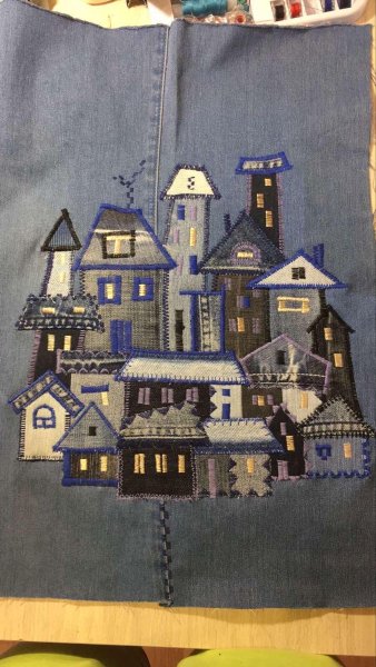 Аппликация домики из джинсовой ткани