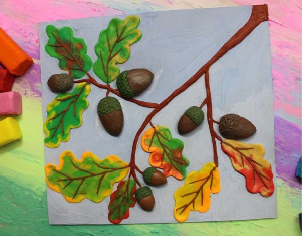 Пластилинография дубовая веточка