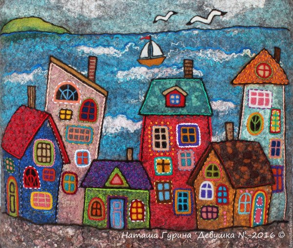 Панно из ткани домики