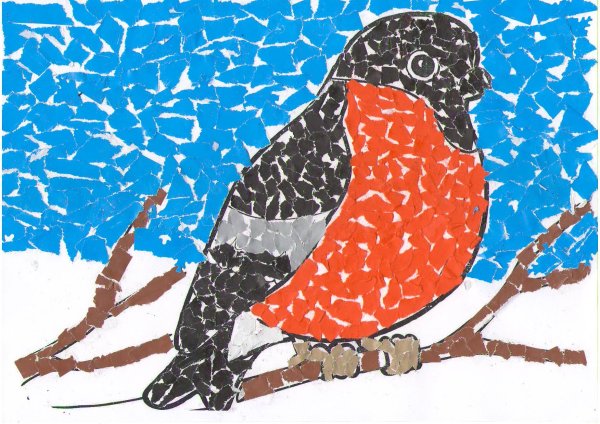 Обрывная аппликация Снегирь