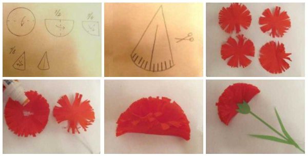Гвоздика из гофрированной бумаги к 9 мая для детей своими