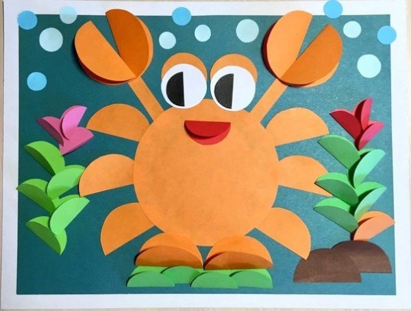 Аппликация краб из цветной бумаги