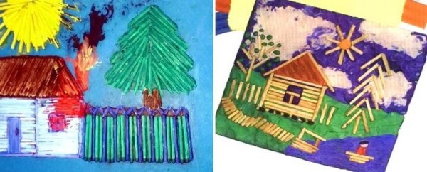 Аппликация домик из спичек