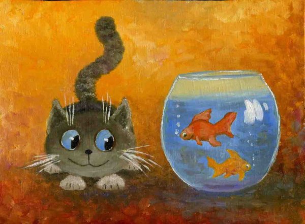 Кот и рыба живопись