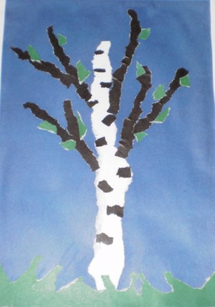 Обрывная аппликация Березка старшая группа