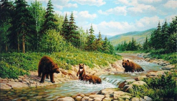 Картина купание медвежат Бианки