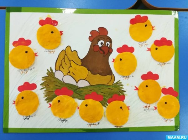 Аппликация Курочка и цыплята в младшей группе