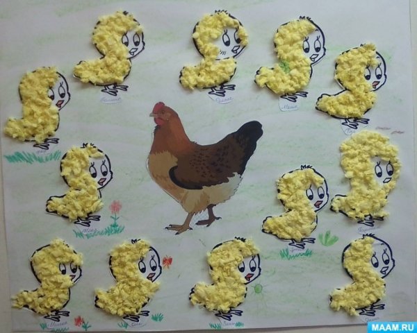 Аппликация Курочка с цыплятами старшая группа