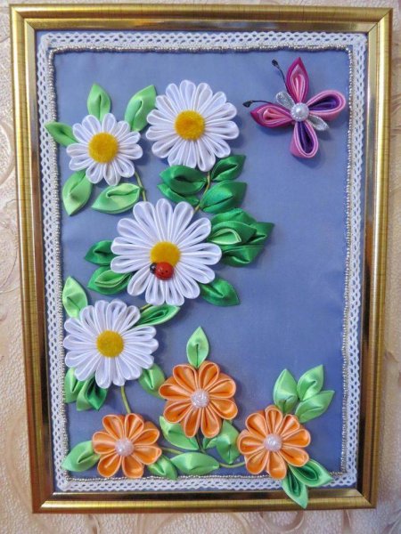 Панно цветы из атласных лент