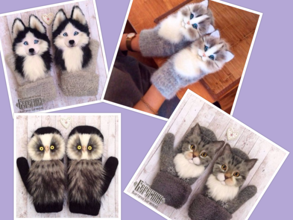 Перчатки с животными из меха