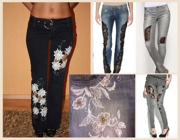 Украсить джинсы кружевом