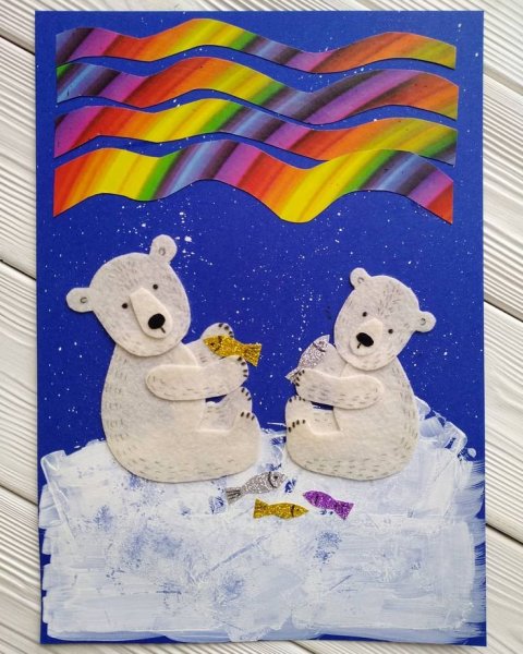 Пластилинография белый медведь и Северное сияние