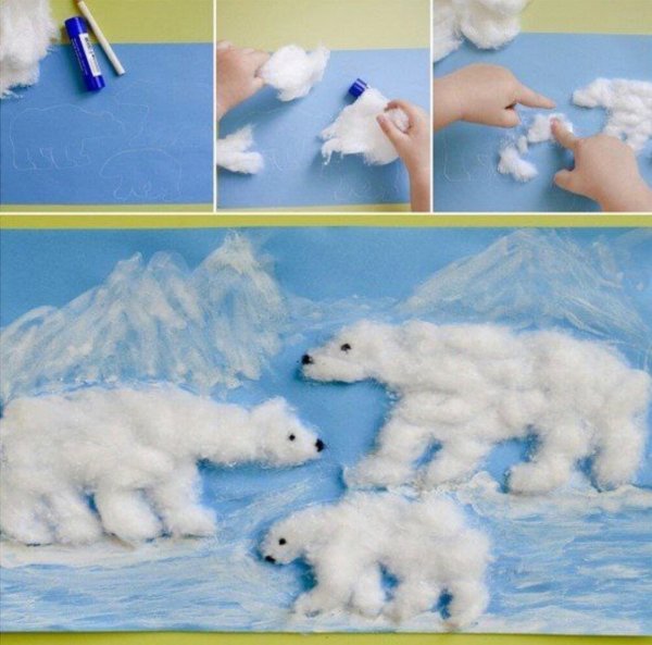 Аппликация белый медведь из ваты