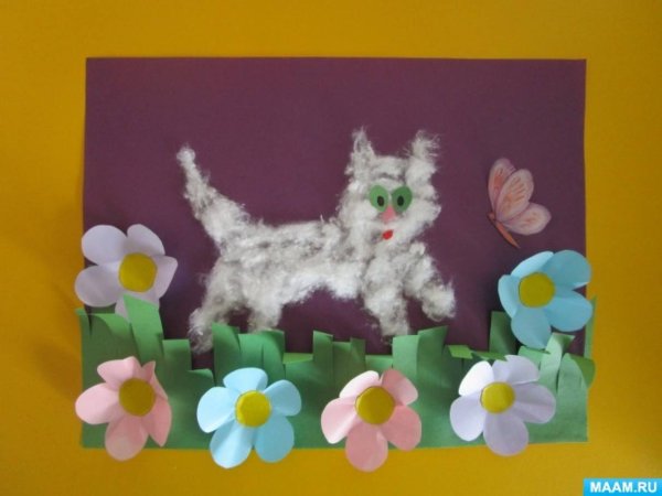 Аппликация котенок и цветы в детском саду