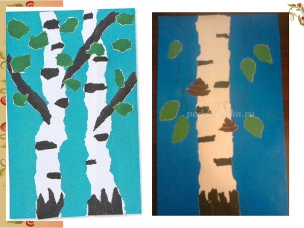 Березы из рваной цветной бумаги