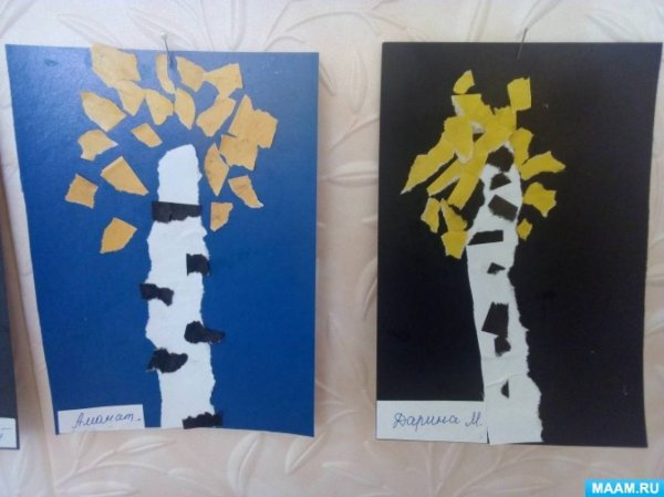 Обрывная аппликация Березка старшая группа