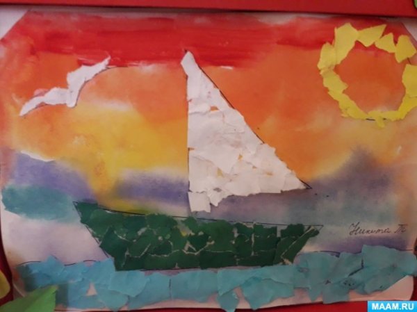 Обрывная аппликация в старшей группе кораблик