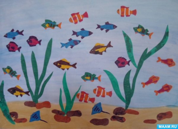 Рыбки в аквариуме аппликация в старшей группе коллективная