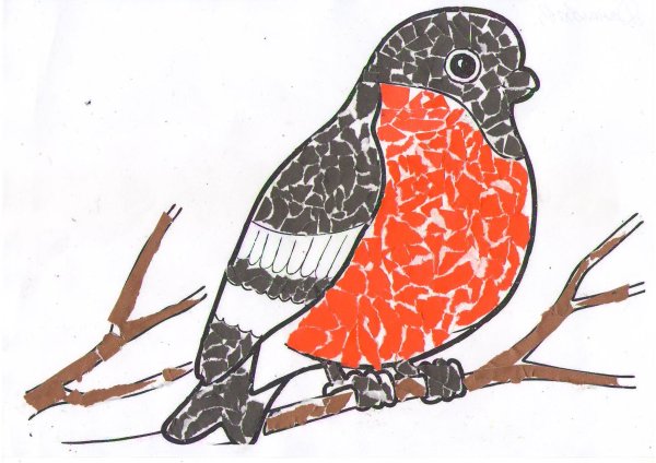 Обрывная аппликация Снегирь на ветке