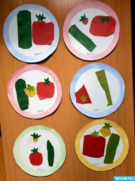 Аппликация тема огурцы и помидоры лежат на тарелке старшая группа