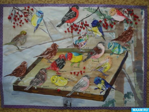 Коллективные работы для детей на птицы зимой
