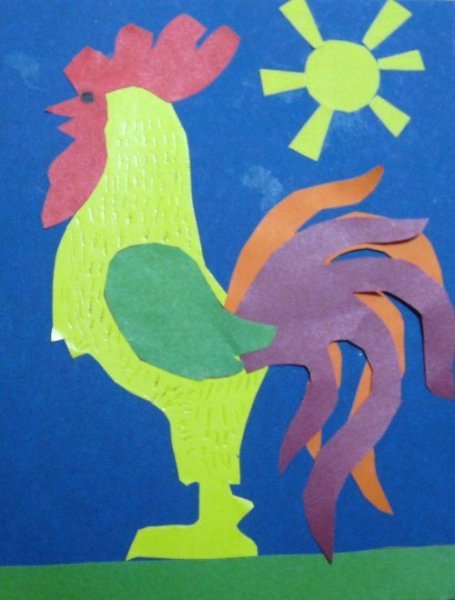 Аппликация петух из цветной бумаги