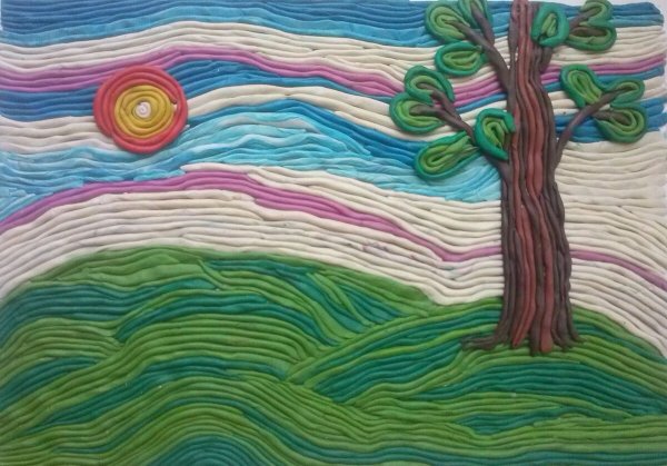 Картина из жгутиков пластилина на картоне для детей