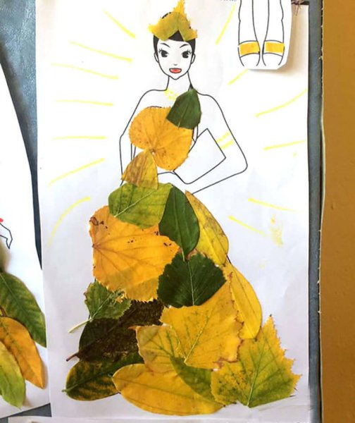 Аппликация из листьев девушка в платье
