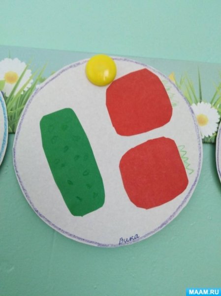 Аппликация огурцы и помидоры лежат на тарелке старшая группа