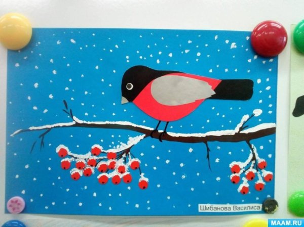 Аппликация Снегирь на ветке